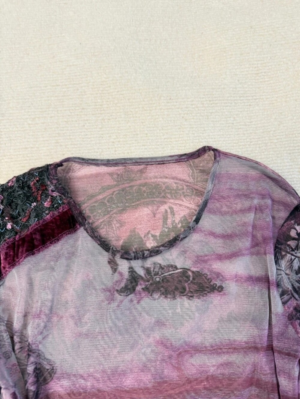 Y2K Gothic Purple Long Sleeve Sheer Floral Mesh  Patchwork Top Size M/ US 8-10 - Picture 5 of 17